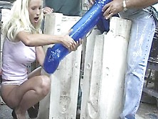 Curious Dudes Move A Huge Sex Toy Deep Inside Seductive Blonde's Tight Pussy Till She Screams